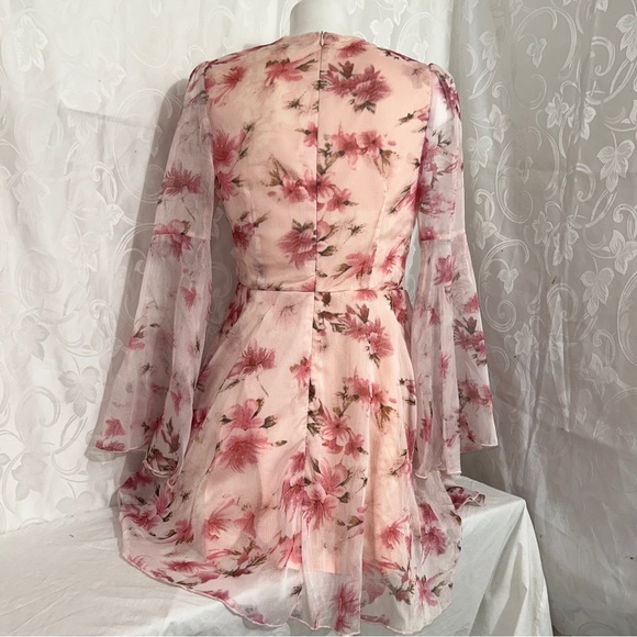 Double Crazy Pink Feminine Fairy Floral Sheer Long Bell Sleeve Flowy Dress - Picture 3 of 12